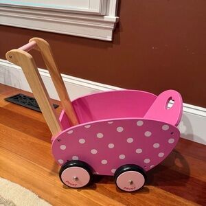Janod Pink Polka Dot Wooden Toy Pram Carriage